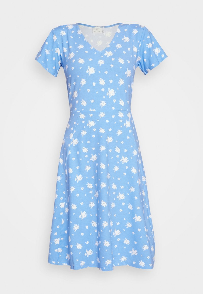 Helles blaues Kleid aus weichem Stoff, mit kurzen Ärmeln und V-Ausschnitt. Mit kleinen weißen Blumenmustern durchgehend dekoriert.