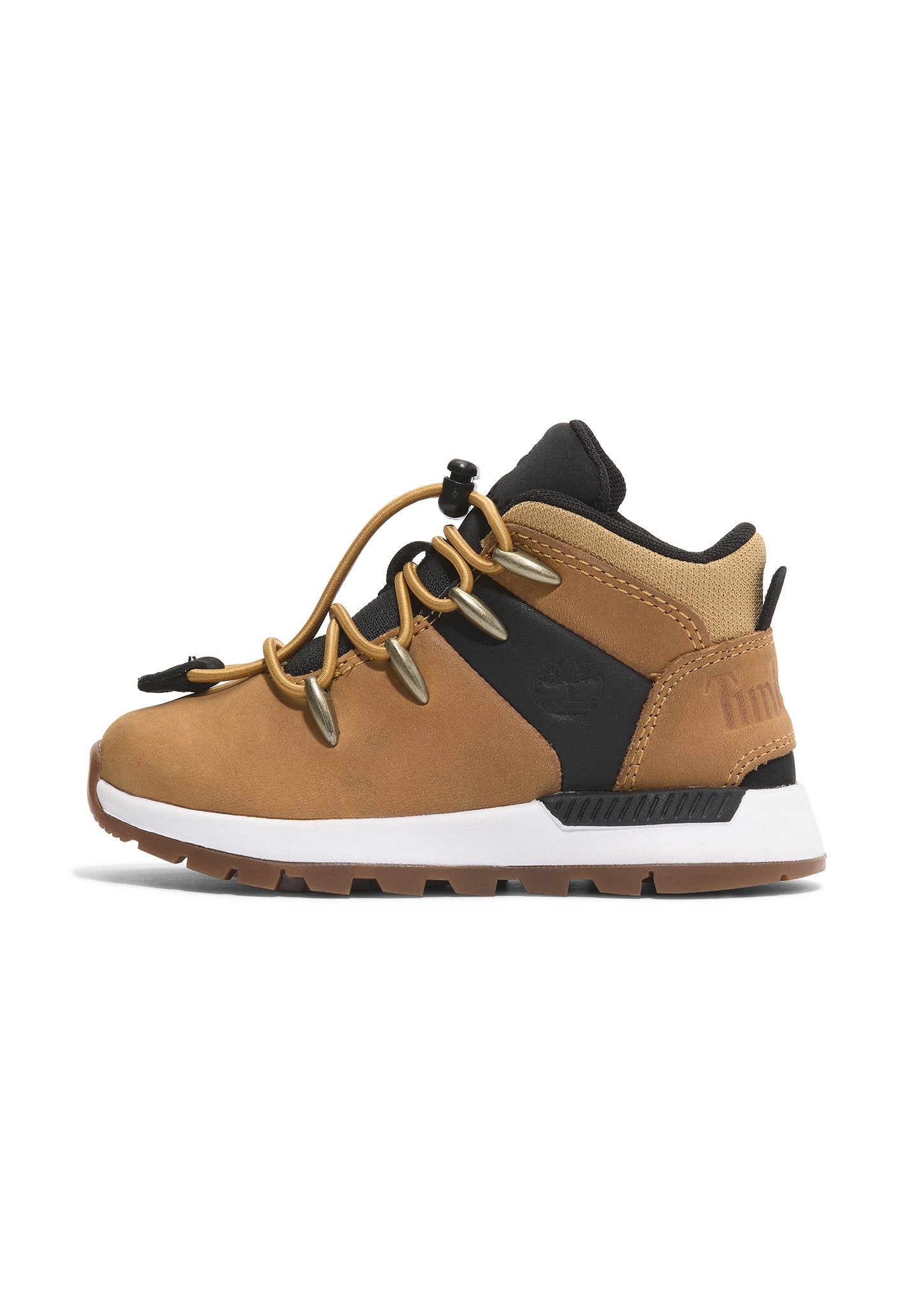 Braune Wildlederschuhe mit schwarzem Stoff, Metallösen, runden Schnürsenkeln und weißer Zwischensohle; entworfen für Knöchelunterstützung mit einer strukturierten Gummisohle.