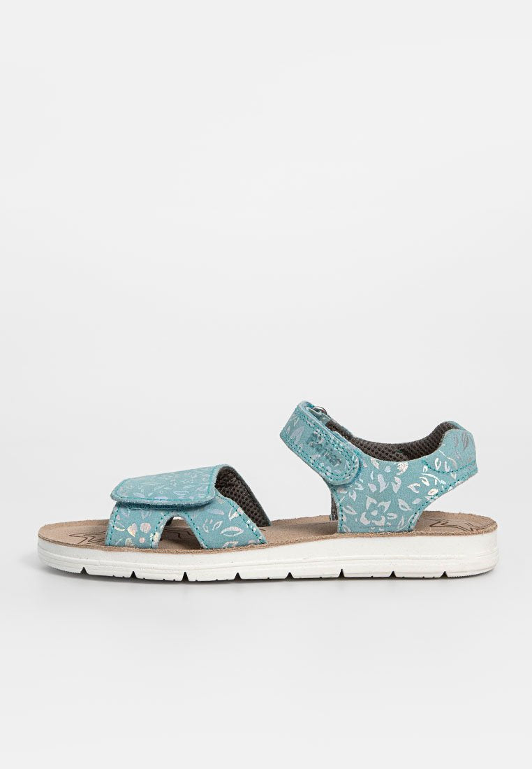 Türkisfarbene Sandalen mit Blumenmuster, verstellbaren Klettverschlüssen und einer weißen Sohle. Strukturierte Fußbett für zusätzlichen Komfort.