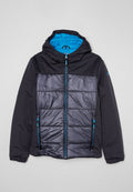 Schwarze und graue isolierte Jacke mit Kapuze. Mit blauer Fütterung, Reißverschlusstaschen und kontrastierenden Reißverschlüssen. Glatte Textur mit gestepptem Design.