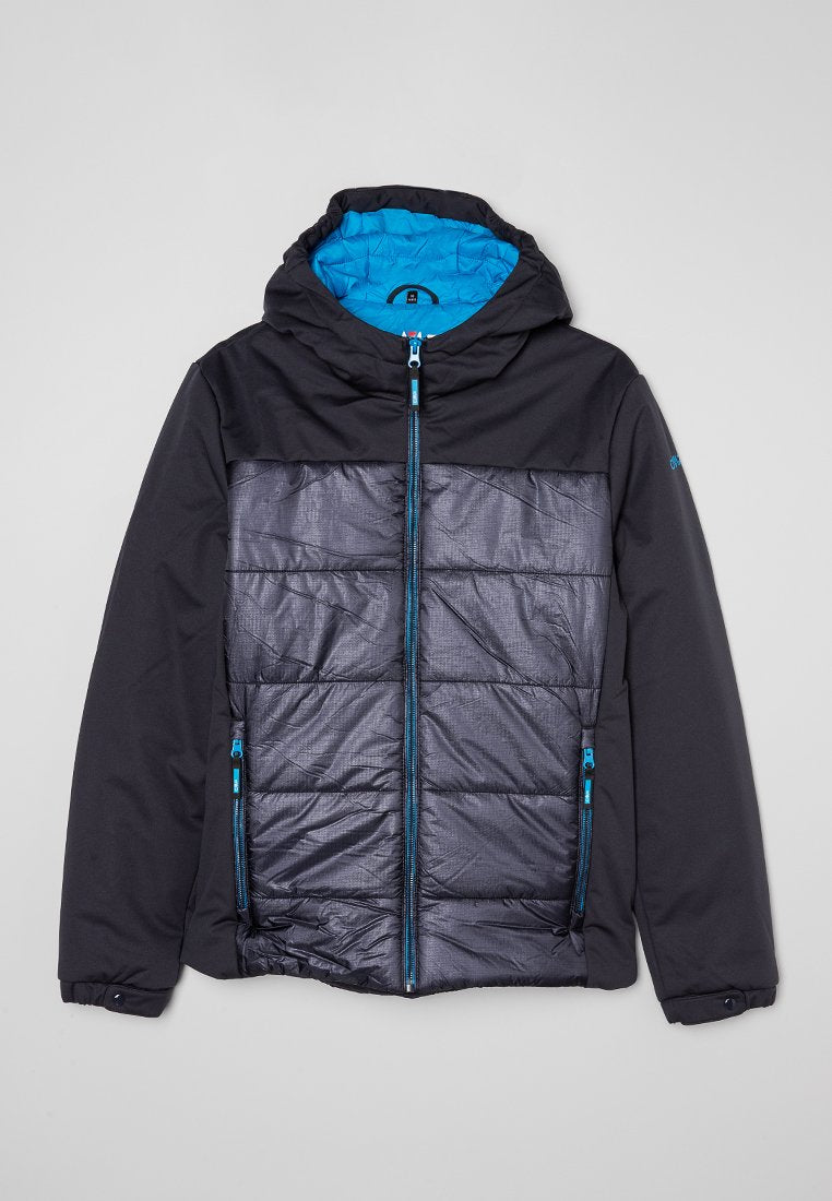 Schwarze und graue isolierte Jacke mit Kapuze. Mit blauer Fütterung, Reißverschlusstaschen und kontrastierenden Reißverschlüssen. Glatte Textur mit gestepptem Design.