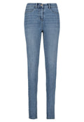 Schlanke Jeans aus hellblauem Denim, mit einem klassischen Fünf-Taschen-Design, Knopfverschluss und dezenten Stickdetails entlang der Beine.