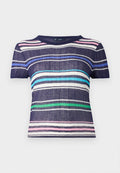 Marineblaues gestreiftes Kurzarm-T-Shirt mit horizontalen Streifen in Pink, Grün und Hellblau. Strukturierter Stoff mit geripptem Design.