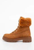 Tanfarbene Lederknöchelboots mit einem Kunstfellkragen, runder Zehenform und Schnürdesign. Robuste Gummisohle mit strukturiertem Profil für besseren Halt.