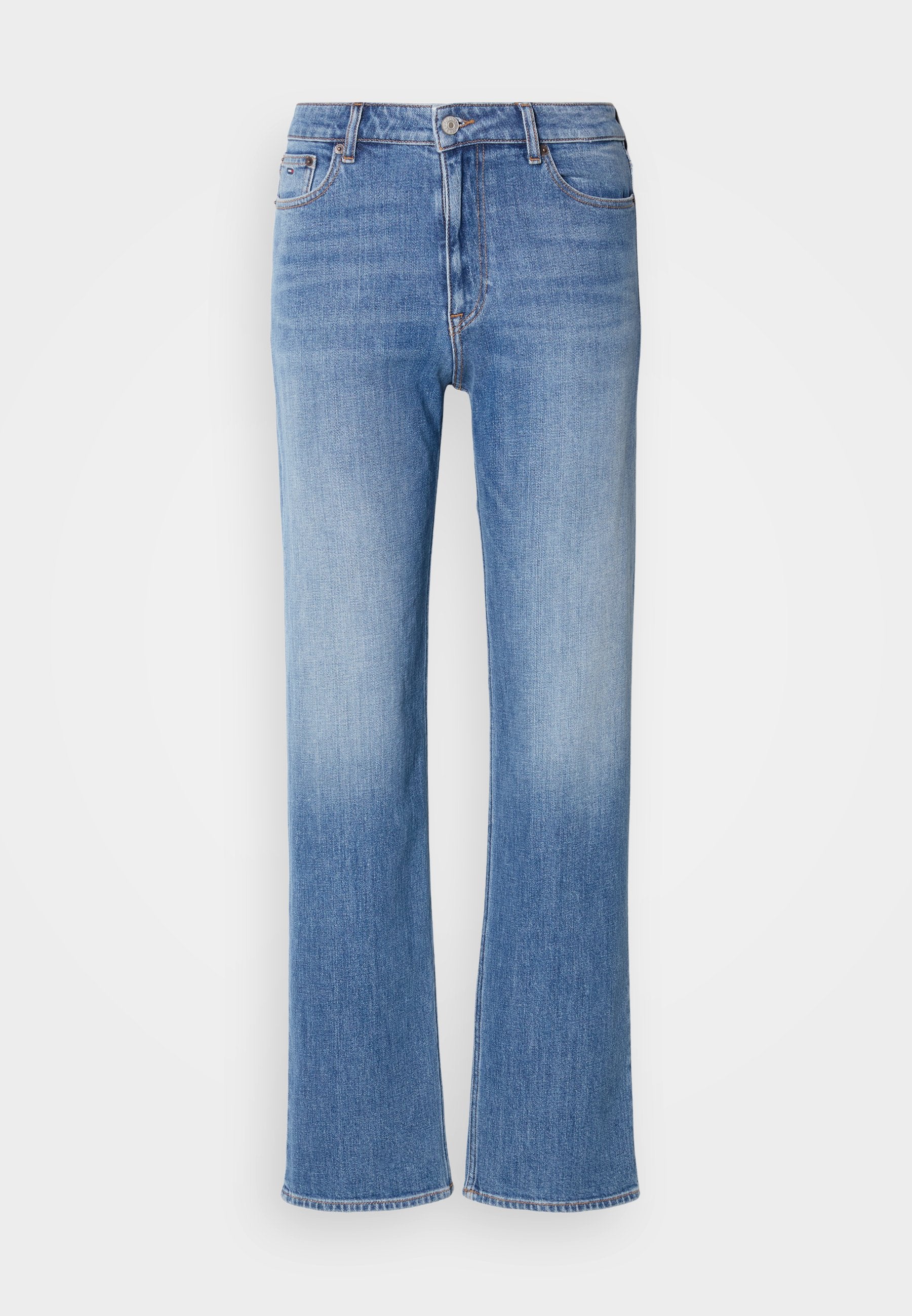 Hellblaue Jeans im Straight-Leg-Design mit einem verblassten Effekt, Fünf-Taschen-Stil sowie einem klassischen Knopf- und Reißverschluss.