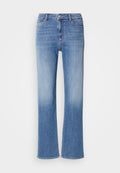 Hellblaue Jeans im Straight-Leg-Design mit einem verblassten Effekt, Fünf-Taschen-Stil sowie einem klassischen Knopf- und Reißverschluss.