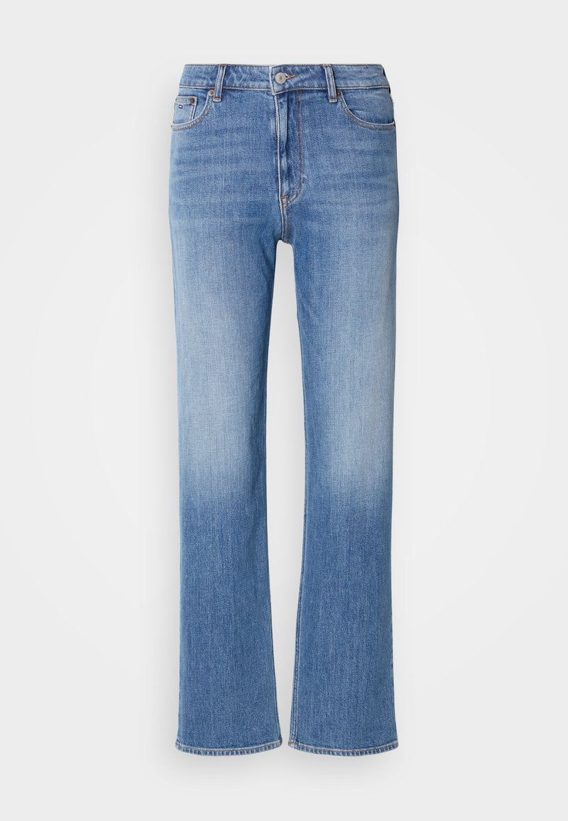 Hellblaue Jeans im Straight-Leg-Design mit einem verblassten Effekt, Fünf-Taschen-Stil sowie einem klassischen Knopf- und Reißverschluss.