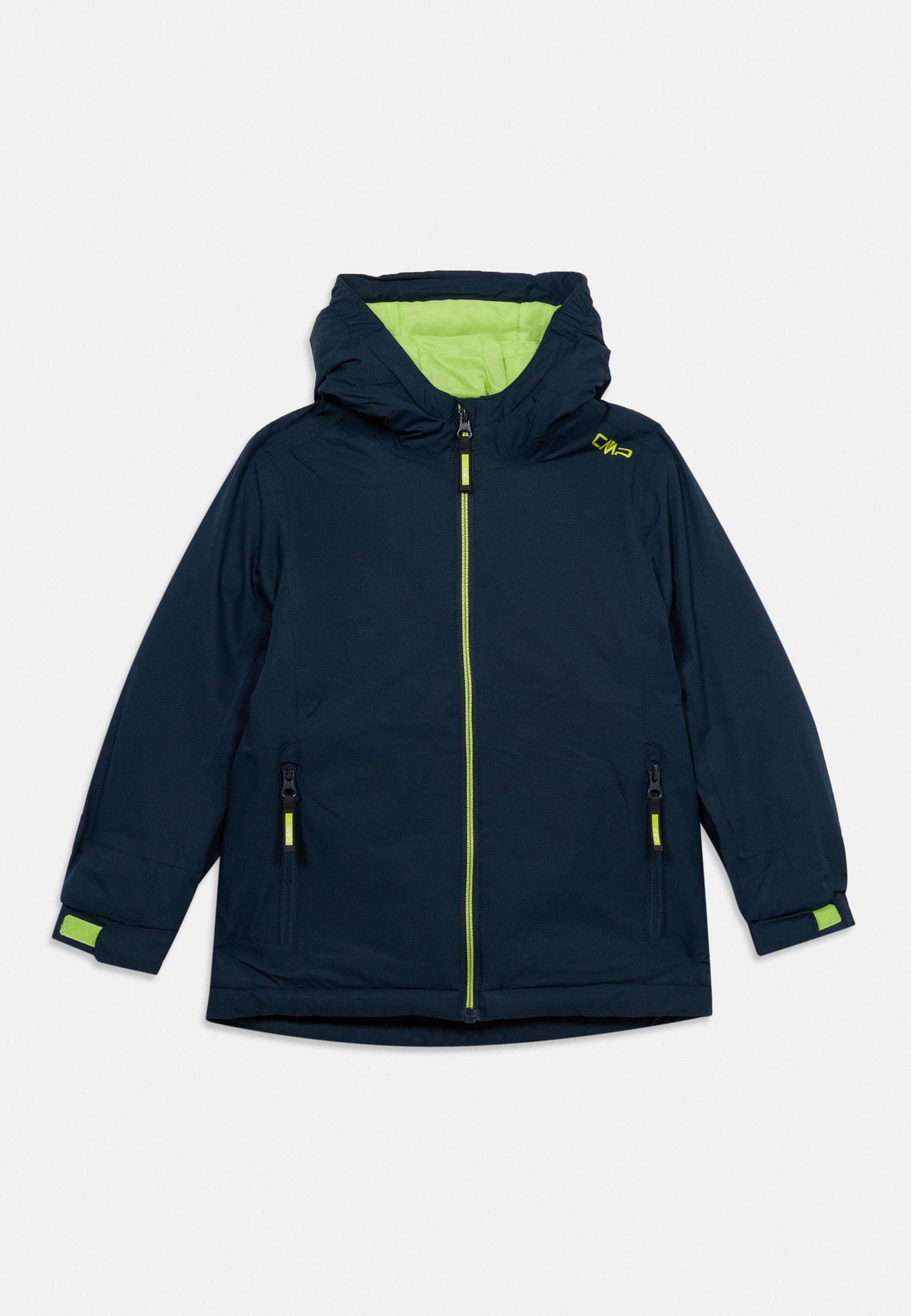 Marineblaue Kapuzenjacke mit hellgrünem Innenfutter, hellgrünem Reißverschluss und Branding, zwei vorderen Reißverschlusstaschen sowie verstellbaren Handgelenkslaschen.