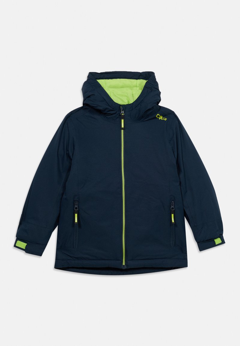 Marineblaue Kapuzenjacke mit hellgrünem Innenfutter, hellgrünem Reißverschluss und Branding, zwei vorderen Reißverschlusstaschen sowie verstellbaren Handgelenkslaschen.
