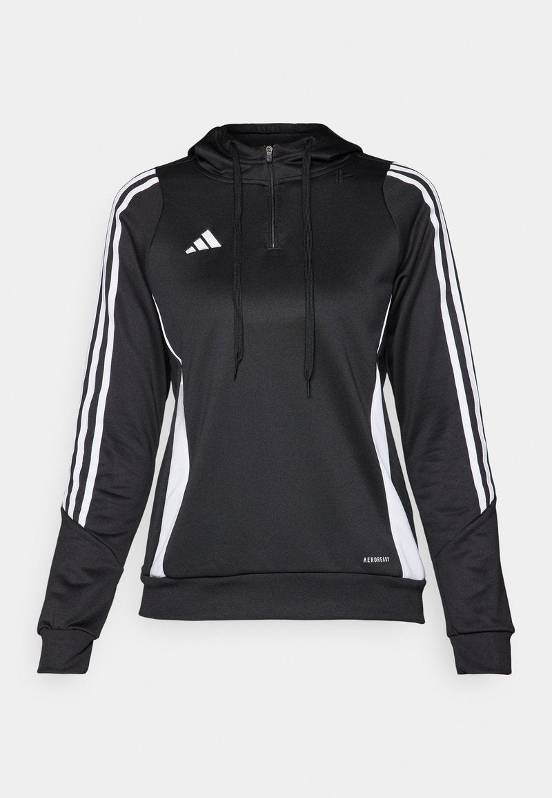 Schwarzer sportlicher Pullover mit halbem Reißverschluss, Kapuze und weißen Seitestreifen. Hergestellt aus glattem, leichtem Material mit taillierter Passform und verstellbaren Kordelzügen.