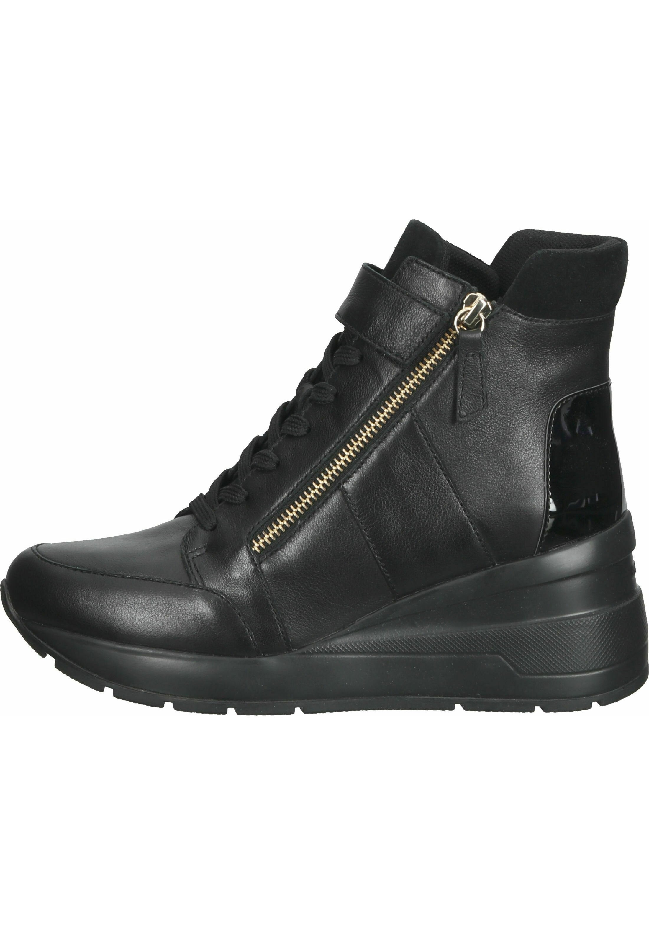 Schwarze Leder-Hochschnitt-Sneaker mit Wedge-Sohle, ausgestattet mit einem Reißverschlussdetail und strukturierten Akzenten an den Seiten. Mit Schnürung und einem Riemen zur Sicherung.