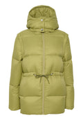 Puff-jacke in hellem olivgrün, mit Kapuze, Frontreißverschluss und verstellbarem Kordelzug in der Taille. Glatte, glänzende Nylon-Oberfläche.