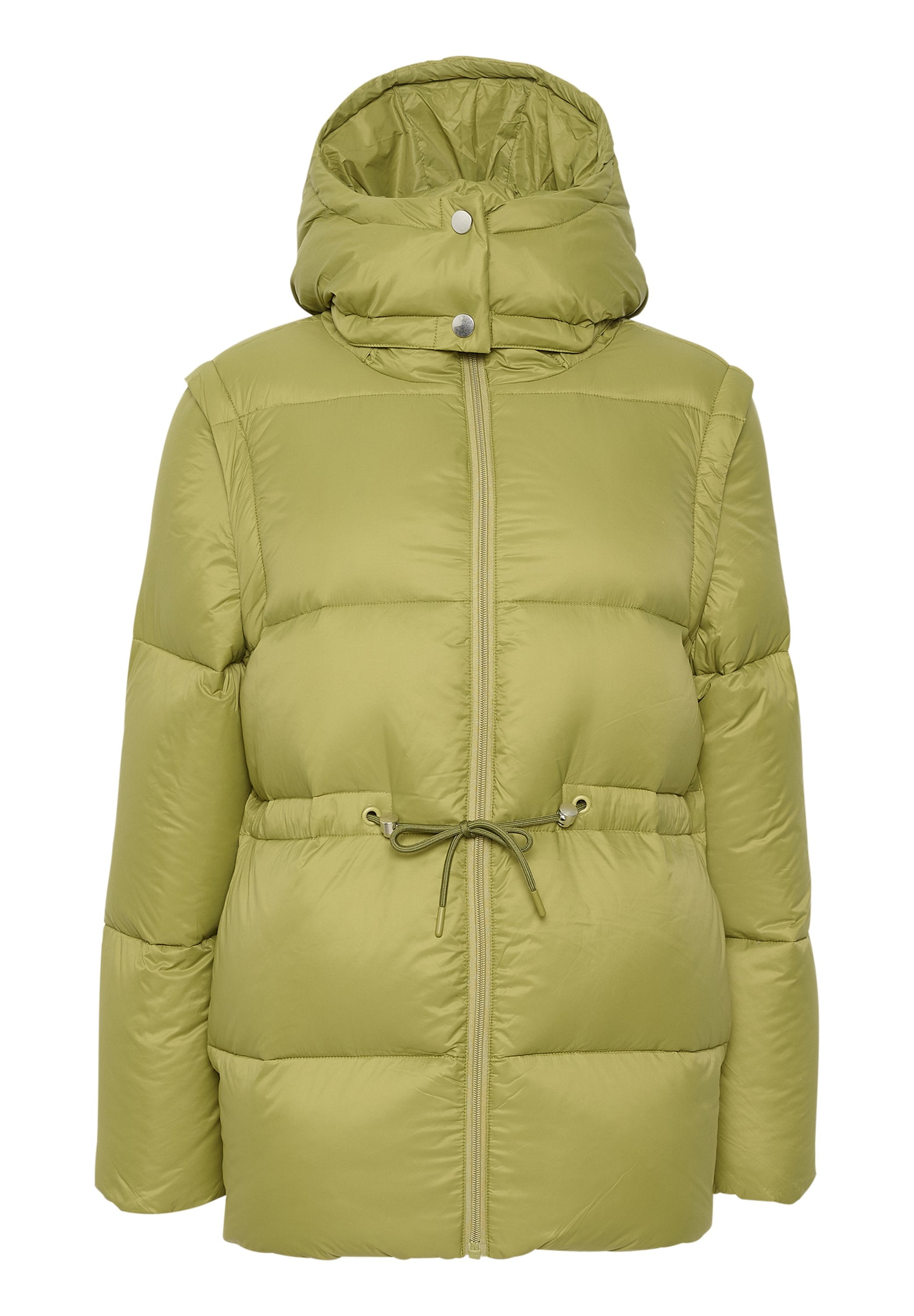 Puff-jacke in hellem olivgrün, mit Kapuze, Frontreißverschluss und verstellbarem Kordelzug in der Taille. Glatte, glänzende Nylon-Oberfläche.
