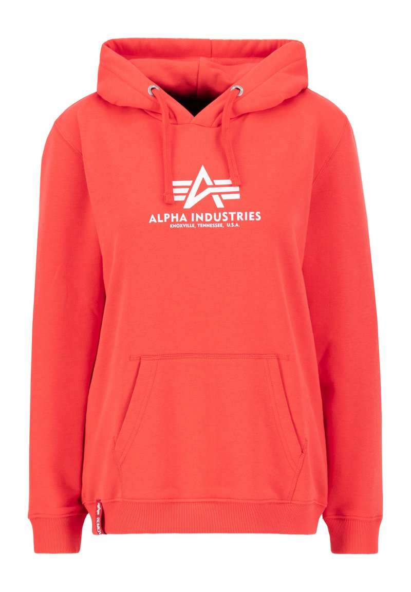 Rote Kapuzenjacke aus Baumwollmischung. Verfügt über eine große Kängurutasche auf der Vorderseite, Zugbänder und ein weißes bedrucktes Logo auf der Brust. Gerippte Bündchen und Saum.