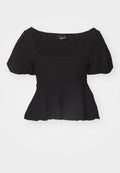 Schwarzes Peplum-Oberteil mit kurzen Puffärmeln, strukturiertem Material und weitem quadratischen Ausschnitt, hergestellt aus leichtem Material.