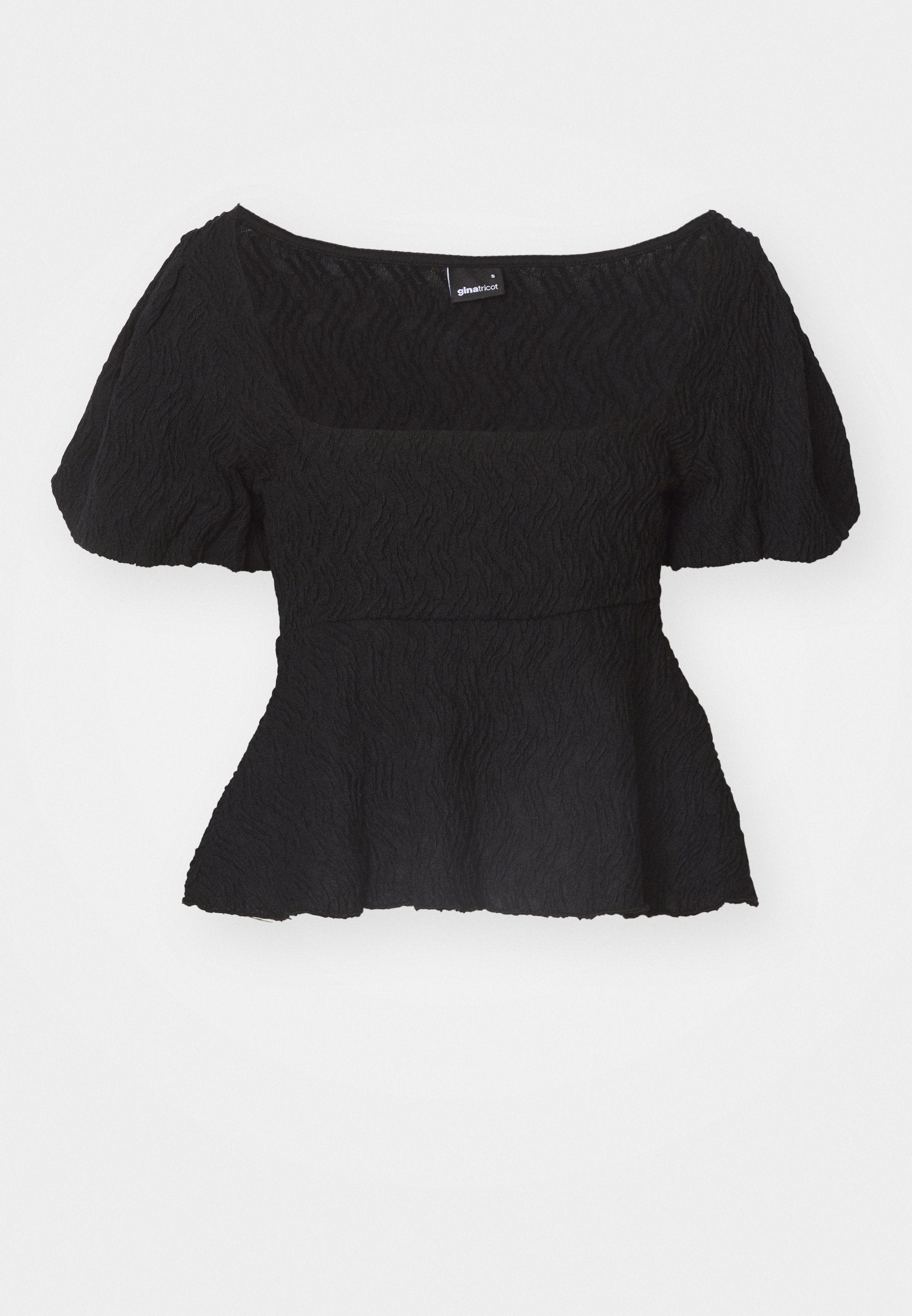 Schwarzes Peplum-Oberteil mit kurzen Puffärmeln, strukturiertem Material und weitem quadratischen Ausschnitt, hergestellt aus leichtem Material.