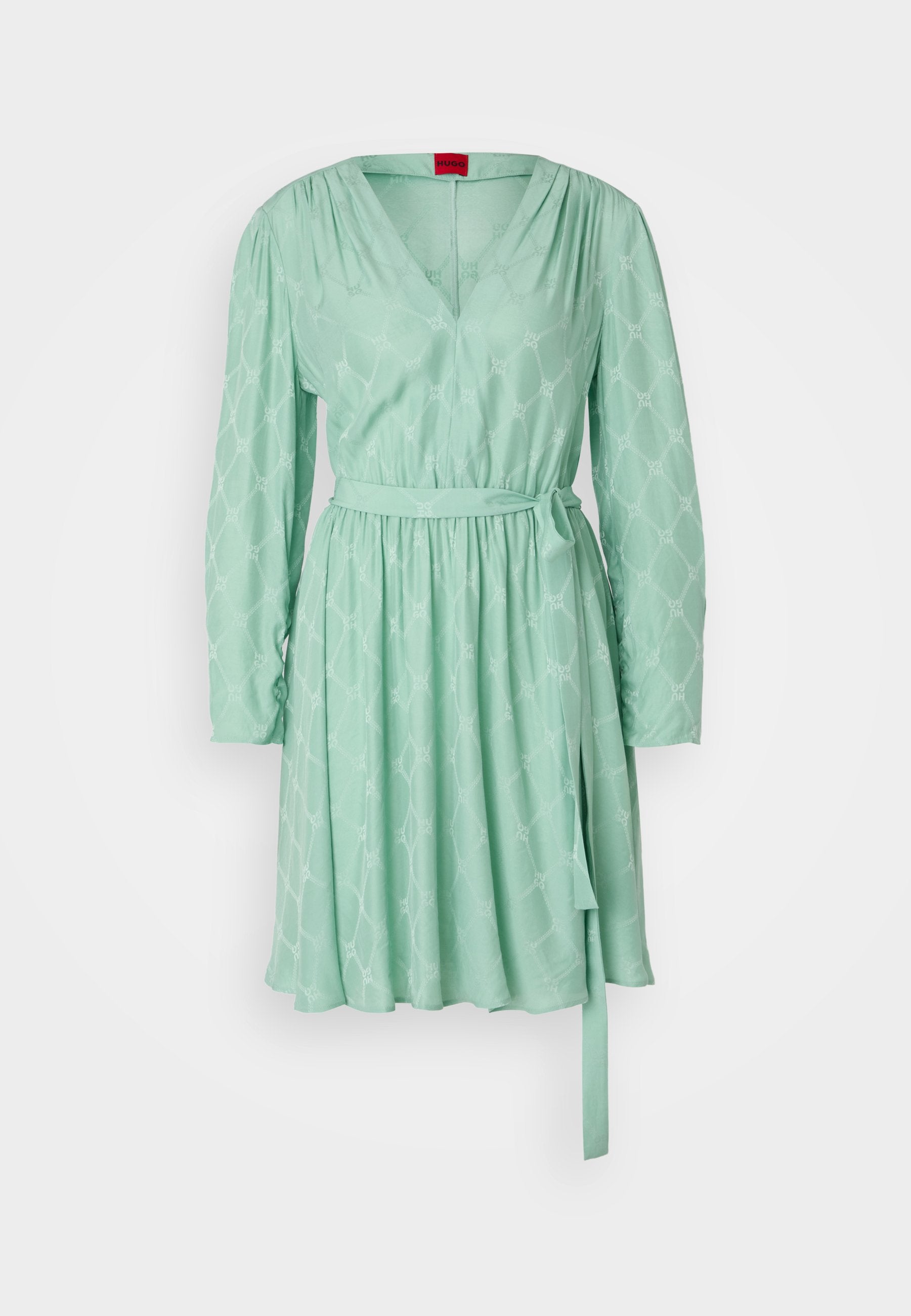 Mintgrünes Kleid mit langen Ärmeln, V-Ausschnitt und tailliertem Schnitt. Es verfügt über einen gemusterten Stoff und einen Bindegürtel für eine verstellbare Passform.