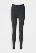 Dunkelgraue Leggings mit figurbetontem Schnitt, aus Baumwollmischgewebe gefertigt. Verfügen über einen schwarzen Bund mit der Aufschrift "TOMMY JEAN" in weißer Schrift.