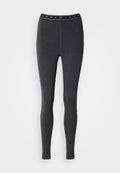 Dunkelgraue Leggings mit figurbetontem Schnitt, aus Baumwollmischgewebe gefertigt. Verfügen über einen schwarzen Bund mit der Aufschrift "TOMMY JEAN" in weißer Schrift.