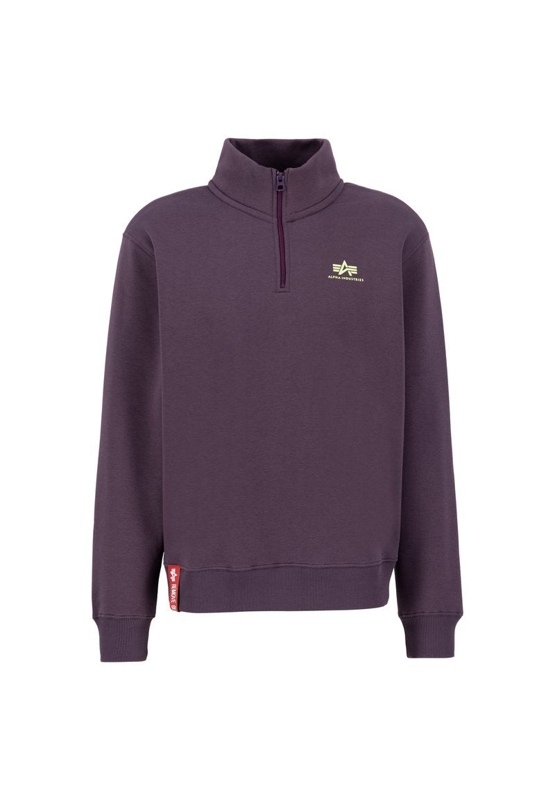 Dunkelpurple Halzip-Sweatshirt aus weichem Stoff. Verfügt über einen hohen Kragen, gerippte Ärmelabschlüsse und ein kleines gelbes Logo auf der Brust.