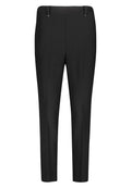 Schwarze maßgeschneiderte Hose mit glatter Textur, schmaler Passform, zwei vorderen Taschen und einem subtilen Glanz. Leichter Stoff mit Gürtelschlaufen.