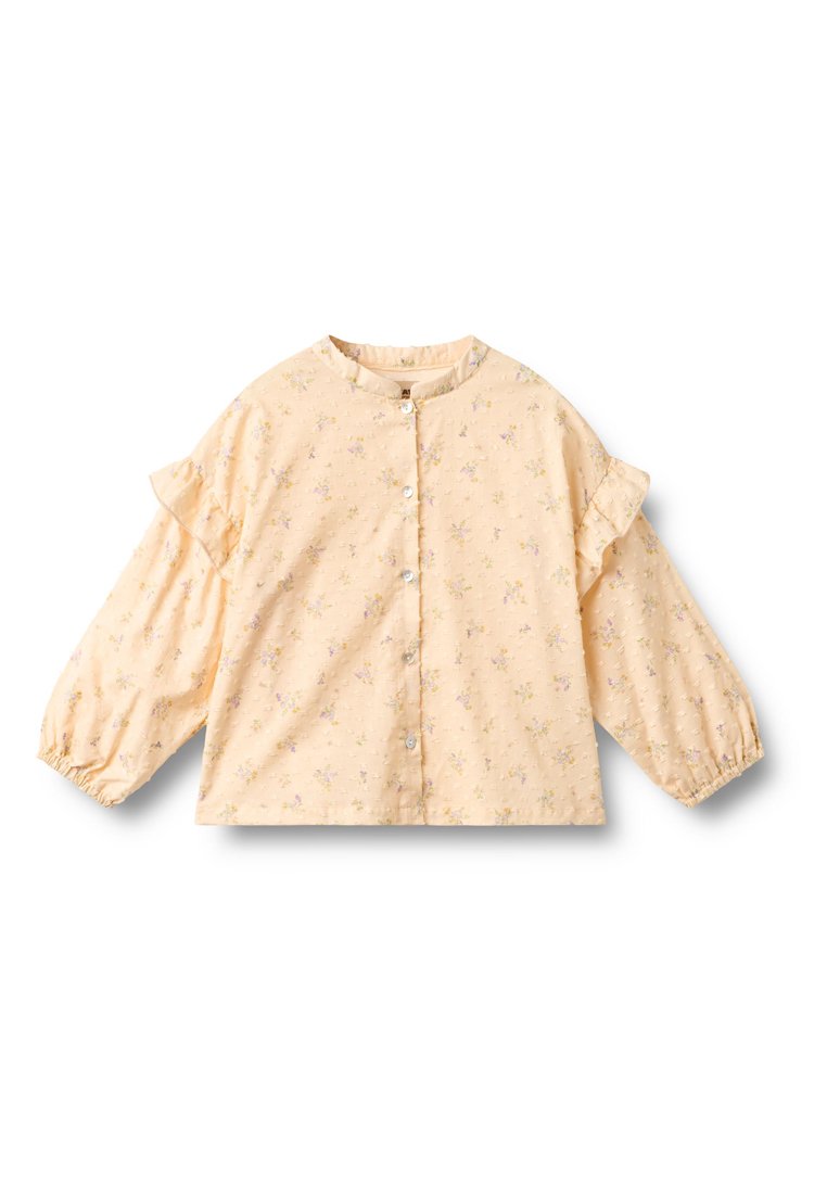 Gelbe Bluse mit Blumenmuster, rundem Ausschnitt, Knopfverschluss und Rüschenärmeln. Hergestellt aus leichtem, strukturiertem Stoff.