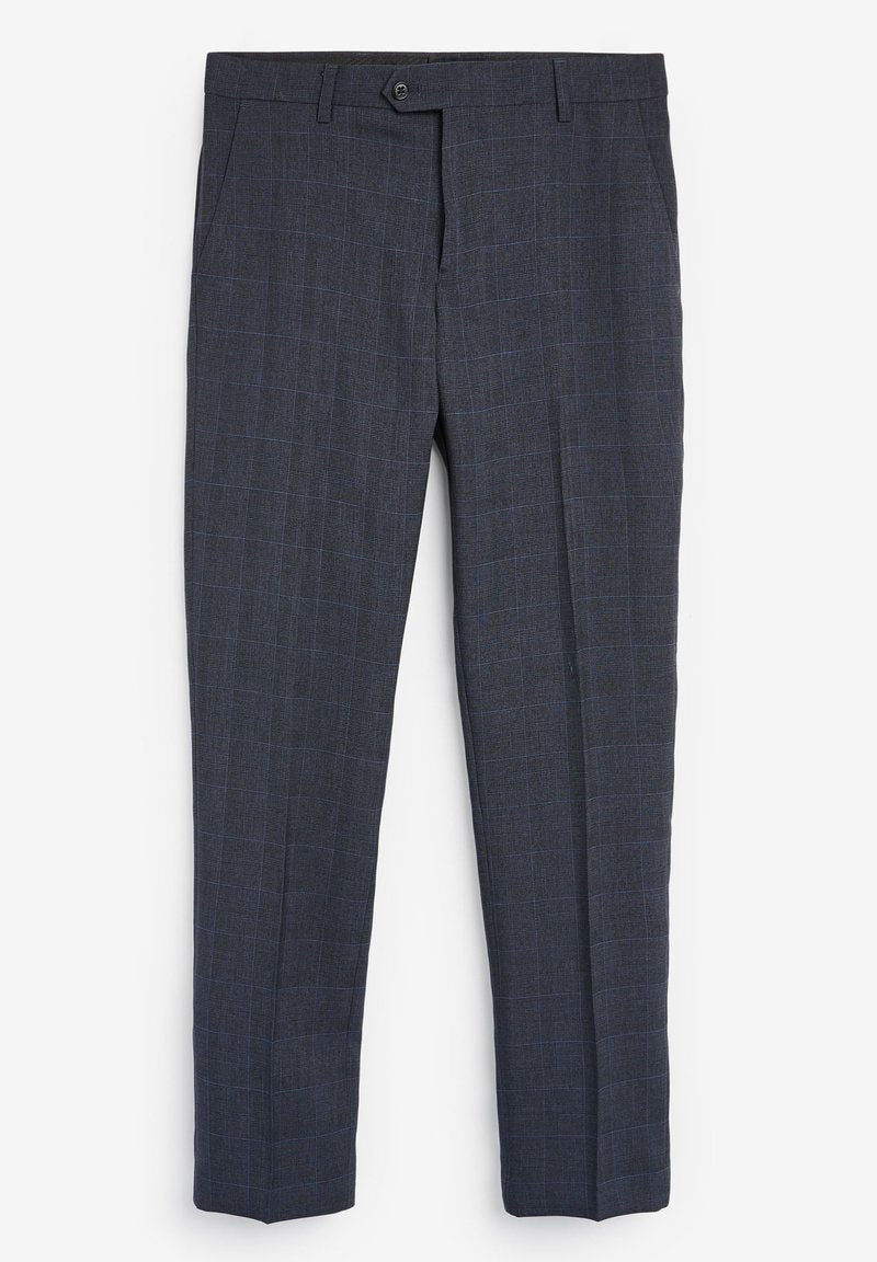 Marineblau karierte Hose aus einem strukturierten Stoff, mit Knopfverschluss, zwei Fronttaschen und einem schmalen, geraden Schnitt.