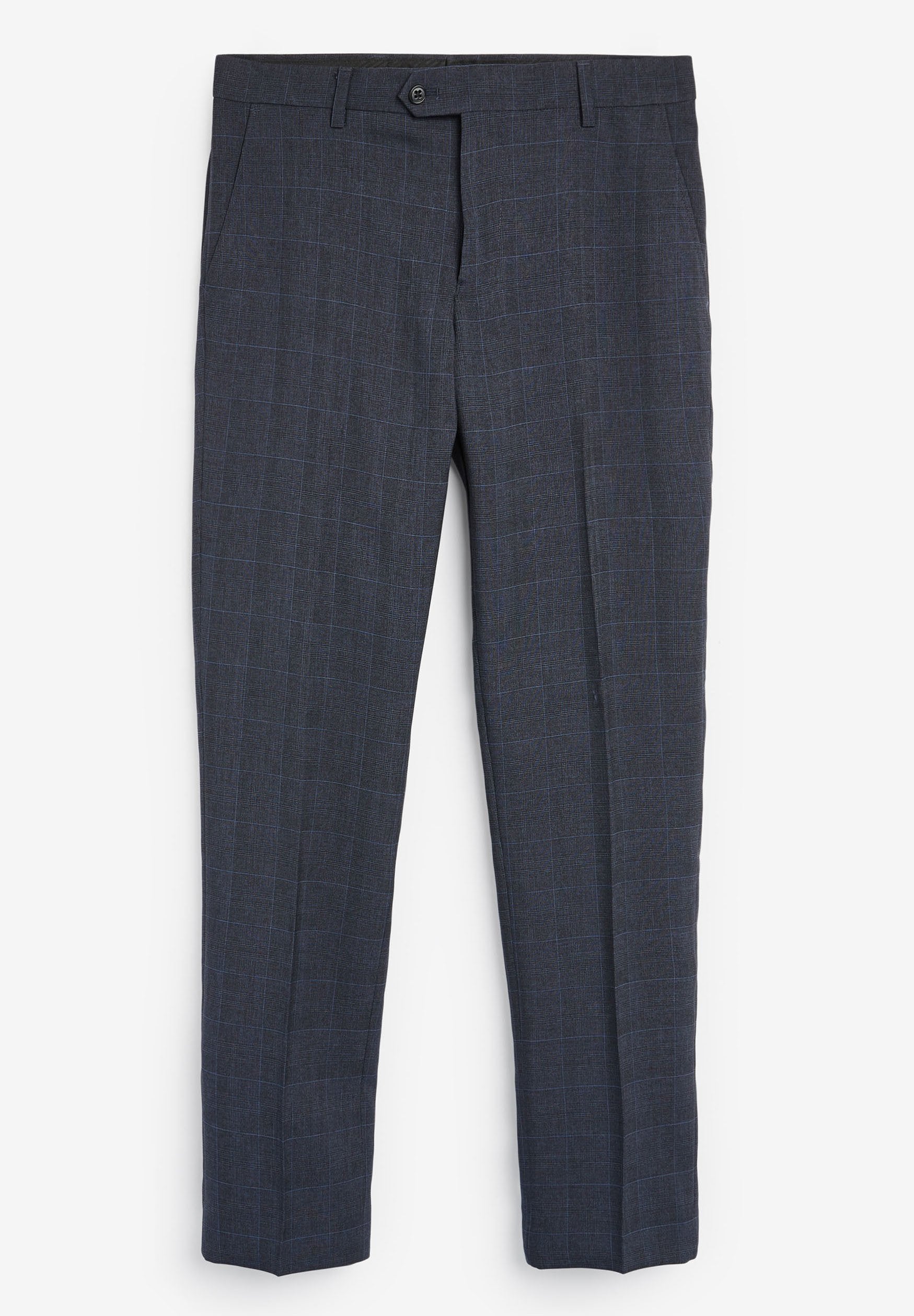 Marineblau karierte Hose aus einem strukturierten Stoff, mit Knopfverschluss, zwei Fronttaschen und einem schmalen, geraden Schnitt.