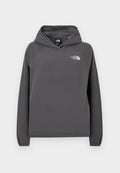 Grauer Kapuzen-Fleece-Pullover mit lockerem Schnitt, gerippten Bündchen und kleinem weißen Logo auf der linken Brust. Weiche Textur und schlichtes Design.