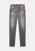 Graue Jeans aus Denim mit schlankem Schnitt, distressed Details, 5-Taschen-Design und kontrastierenden Nähten an Taillengürtel und Taschen.