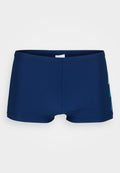 Navyblaue Badeshorts aus glattem Material, mit niedrigem Bund und einem auffälligen hellblauen Grafikmuster an der Seite.