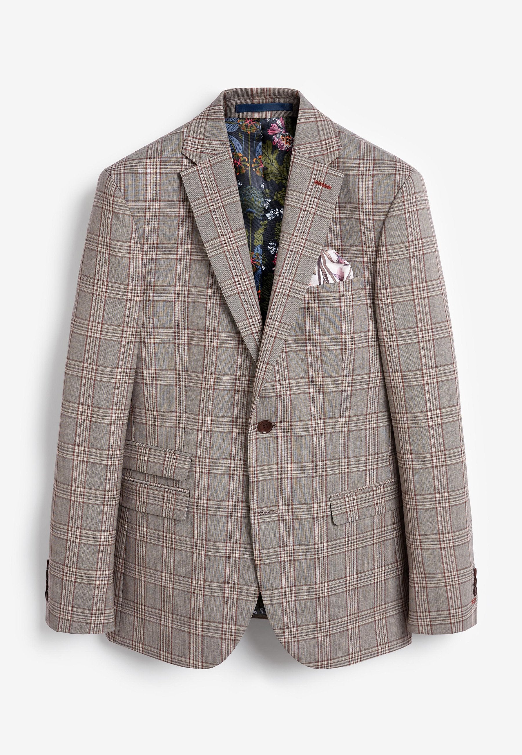 Braun kariertes Blazer mit zwei Fronttaschen, braunem Knopfverschluss und farbenfrohem Blumen-Innenfutter. Inklusive einem rosa Einstecktuch.