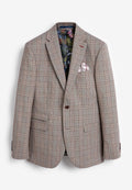Braun kariertes Blazer mit zwei Fronttaschen, braunem Knopfverschluss und farbenfrohem Blumen-Innenfutter. Inklusive einem rosa Einstecktuch.