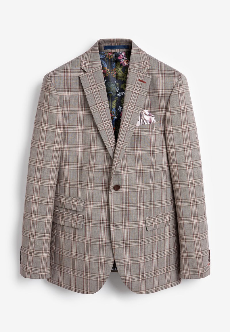 Braun kariertes Blazer mit zwei Fronttaschen, braunem Knopfverschluss und farbenfrohem Blumen-Innenfutter. Inklusive einem rosa Einstecktuch.