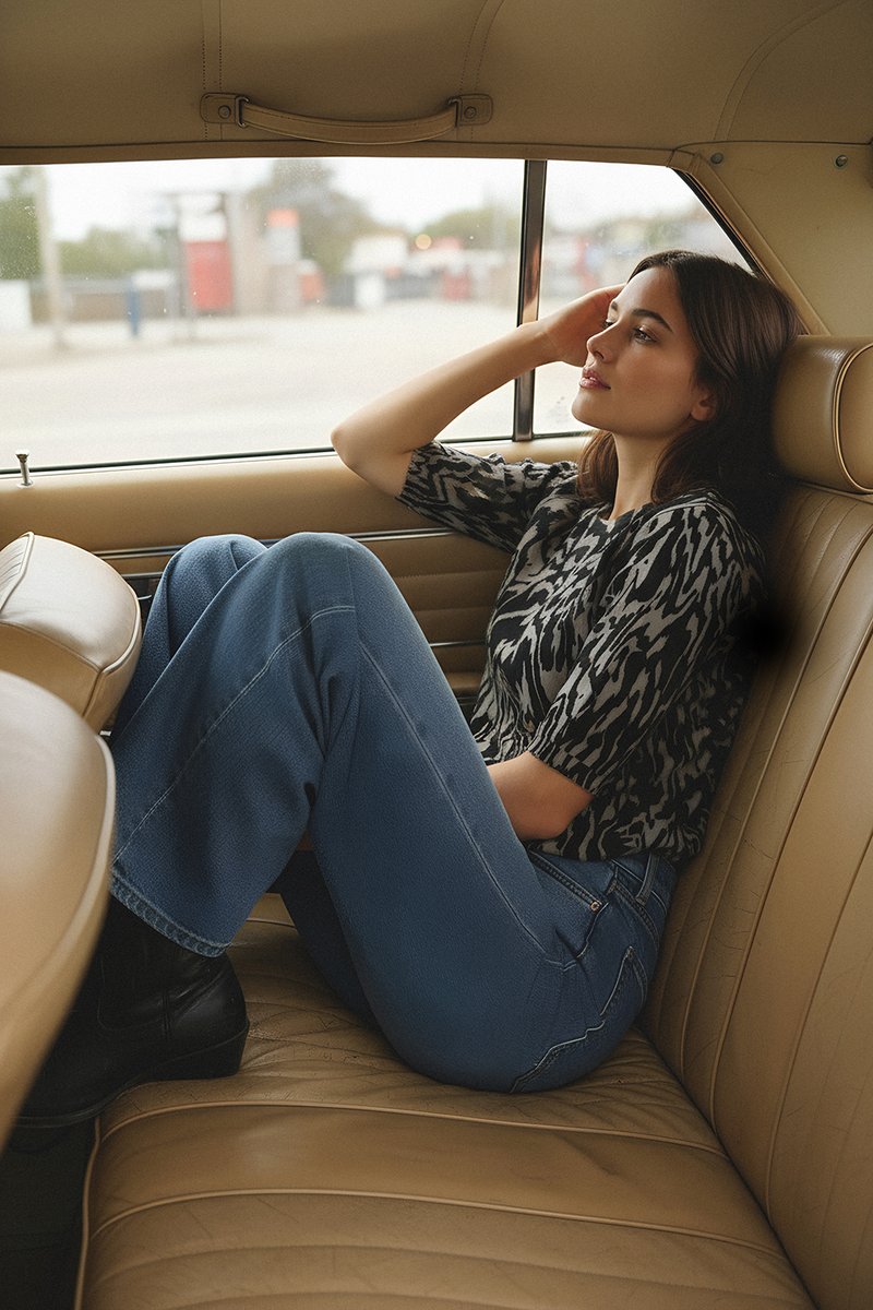 Schwarz-weiß gemusterte Bluse, blaue Jeans, sitzt in einem hellbraunen Lederautoinnenraum, mit Ausblick durch das Fenster und entspannter Haltung.