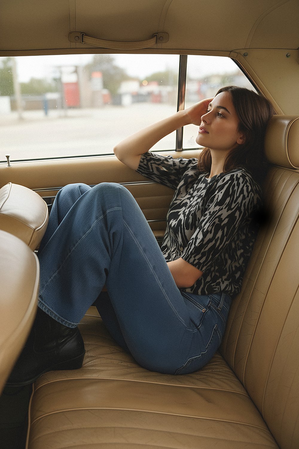 Schwarz-weiß gemusterte Bluse, blaue Jeans, sitzt in einem hellbraunen Lederautoinnenraum, mit Ausblick durch das Fenster und entspannter Haltung.