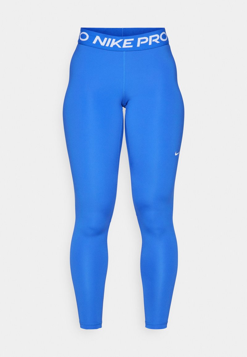 Blaue Nike Pro Leggings mit breitem weißen Bündchen, das den Text "NIKE PRO" trägt. Sie bestehen aus glattem, dehnbarem Material und haben ein enges Design.