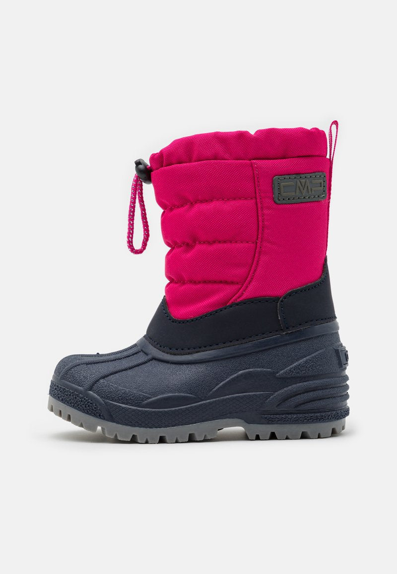 Isolierte Winterstiefel mit einem Fuchsia-nylon-Obermaterial und einem dunkelblauen Gummiboden. Verfügt über einen Kordelzug oben und eine strukturierte Sohle für besseren Halt.