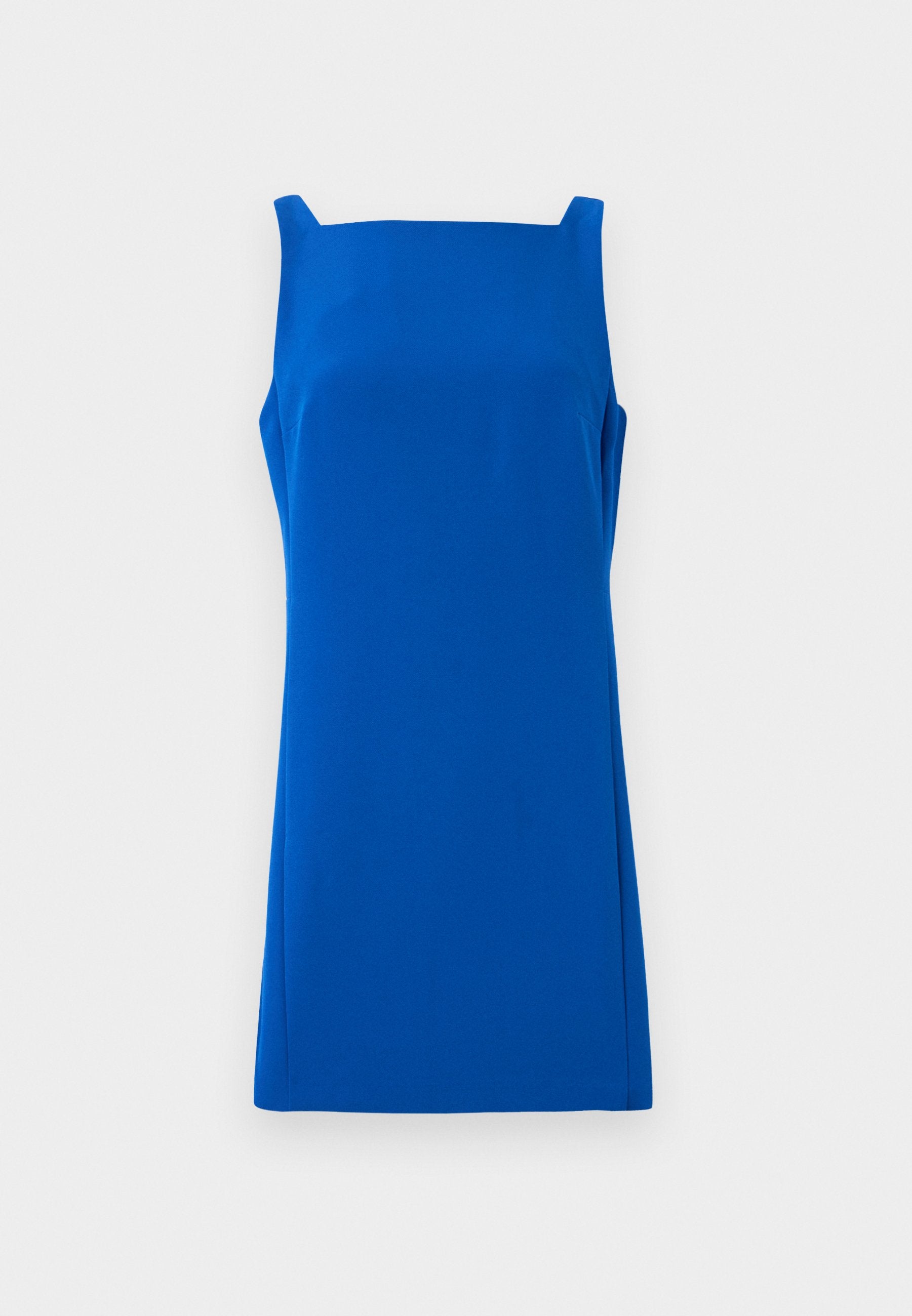 Blaues ärmelloses Kleid mit quadratischem Ausschnitt, aus glattem Stoff gefertigt. Gerader Schnitt mit leichten seitlichen Schlitzen für mehr Bewegungsfreiheit.