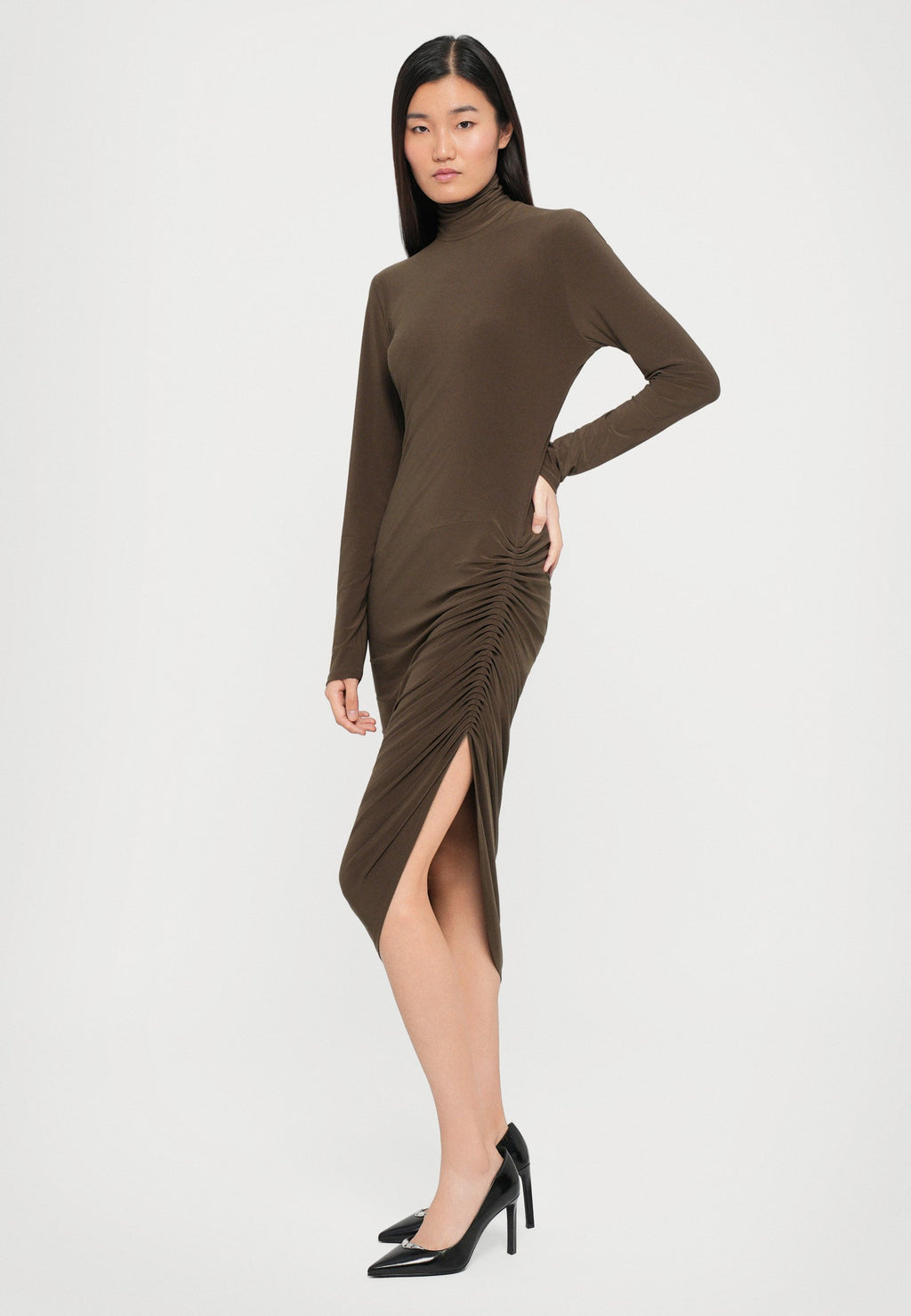 Norma Kamali LONG SLEEVE TURTLENECK SIDE DRAPE DRESS TO MIDCALF