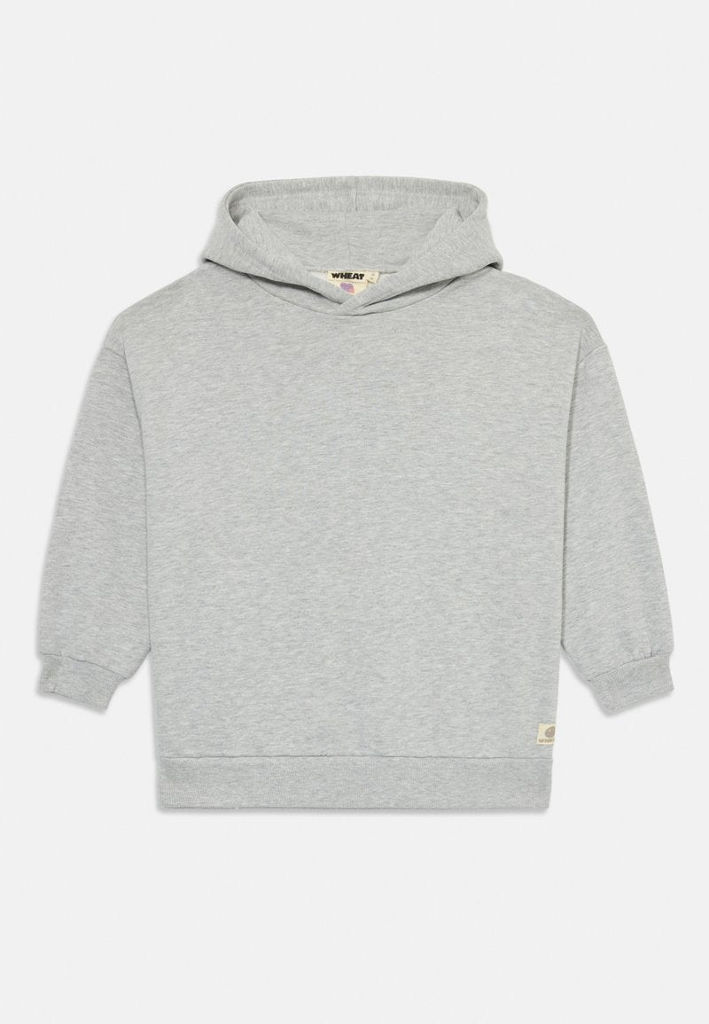 Grauer Kapuzenpullover mit lockerer Passform, gerippten Ärmeln und Saum. Verfügt über ein kleines Etikett an der unteren linken Seite. Weicher, strukturierter Stoff.