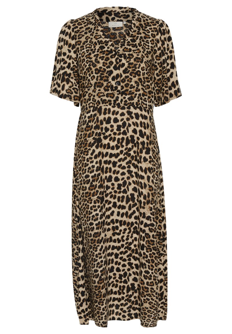 Maxikleid mit Leopardenmuster, kurzen Ärmeln, V-Ausschnitt, Knopfdetails und einer glatten Stoffstruktur in Beige- und Schwarztönen.