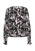 Langärmlige schwarze Bluse mit einem abstrahierten Muster in Rosa und Creme, Rundhalsausschnitt und gerafften Manschetten. Weicher Stoff mit einer lockeren Passform.