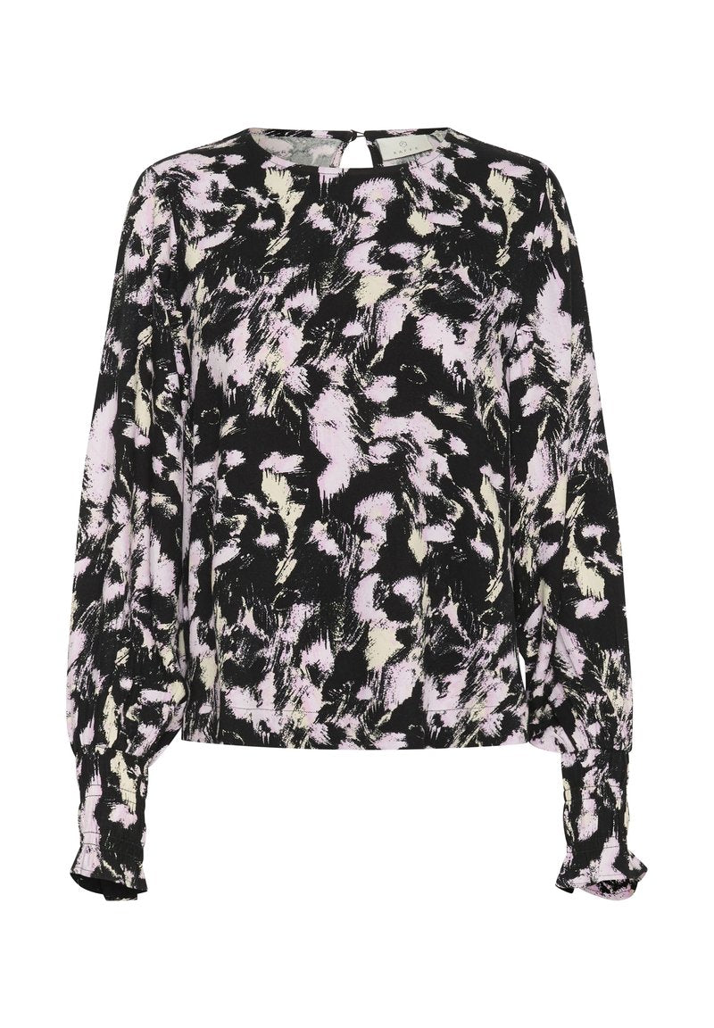 Langärmlige schwarze Bluse mit einem abstrahierten Muster in Rosa und Creme, Rundhalsausschnitt und gerafften Manschetten. Weicher Stoff mit einer lockeren Passform.