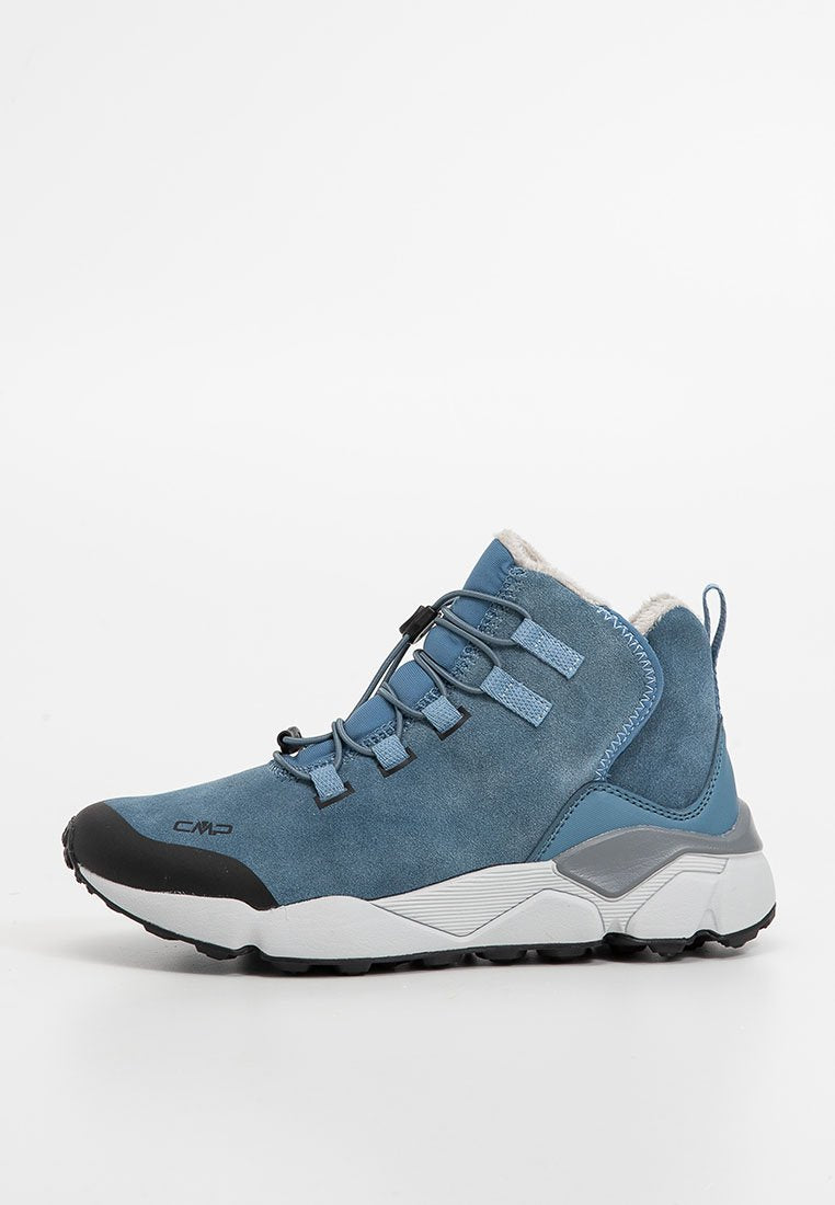 Blaue Wildleder-Wanderstiefel mit weißer und grauer Sohle, schwarzer Zehenkappe, elastischen Schnürsenkeln und Fleece-Futter.
