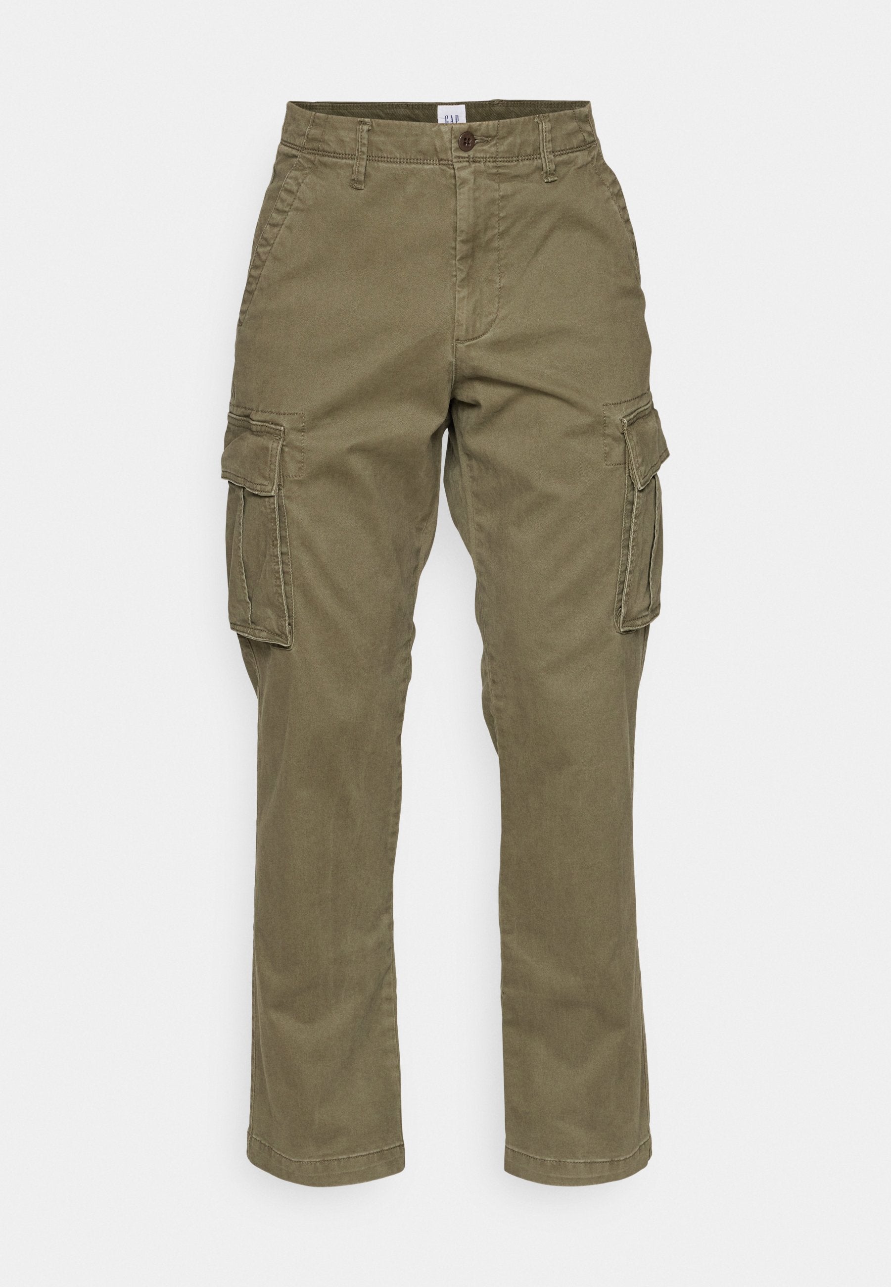 Olivgrüne Cargohosen aus Baumwolle mit geradem Bein, seitlichen Taschen und dezenten Nähten. Die Textur ist glatt und das Material ist langlebig.