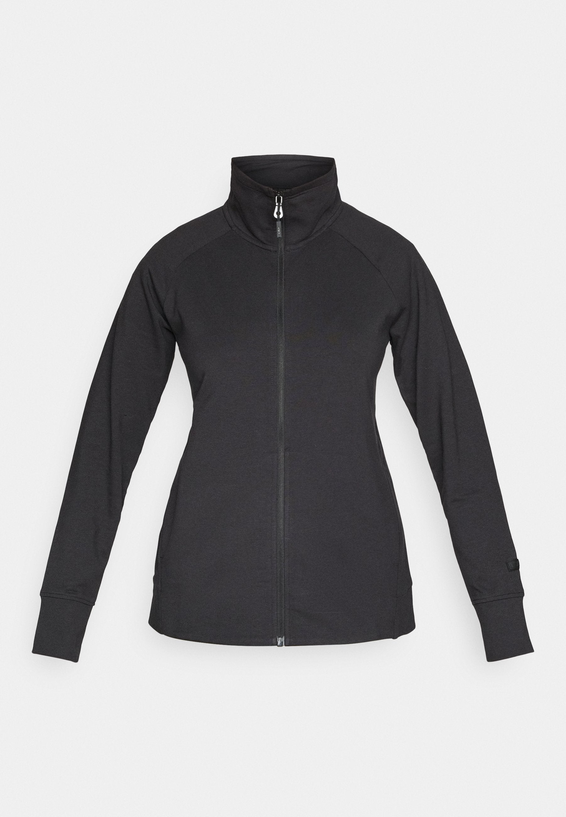 Schwarze langärmelige Jacke mit Reißverschluss, hohem Kragen, tailliertem Schnitt und verlängerten Bündchen, flach auf weißem Hintergrund dargestellt.