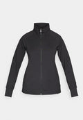 Schwarze langärmelige Jacke mit Reißverschluss, hohem Kragen, tailliertem Schnitt und verlängerten Bündchen, flach auf weißem Hintergrund dargestellt.