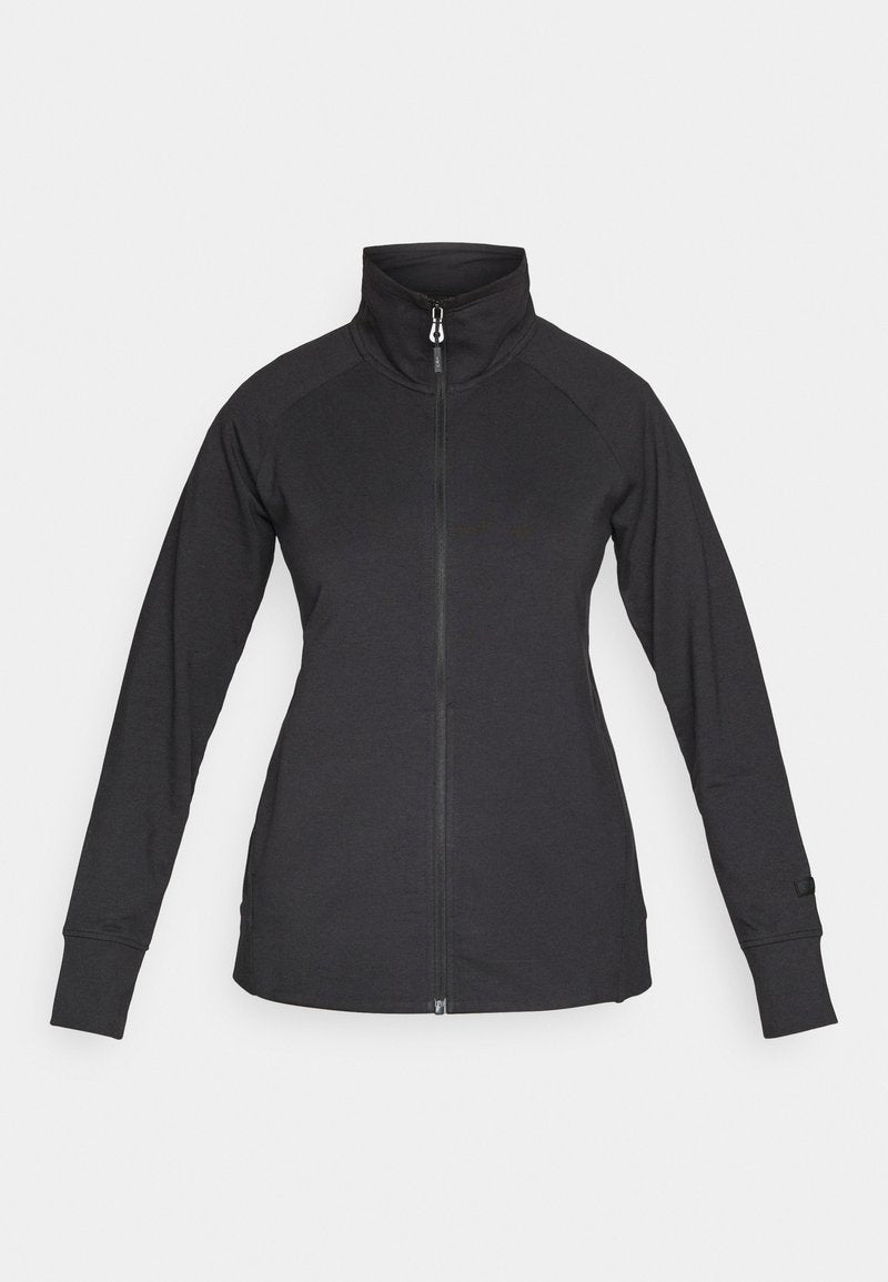 Schwarze langärmelige Jacke mit Reißverschluss, hohem Kragen, tailliertem Schnitt und verlängerten Bündchen, flach auf weißem Hintergrund dargestellt.