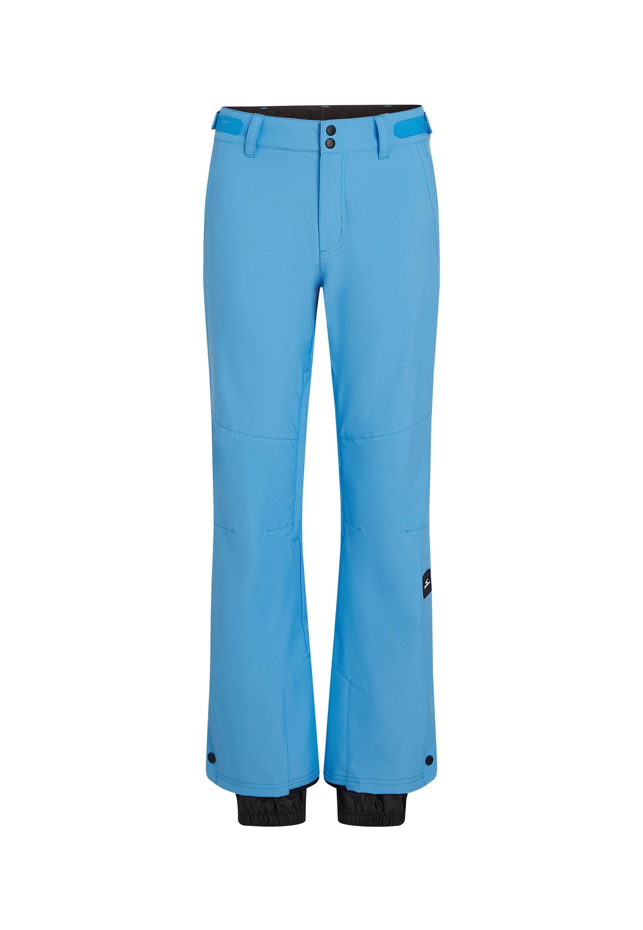 Blaue Skihosen aus wasserabweisendem Material, mit geradem Bein, zwei vorderen Taschen und schwarzen elastischen Bündchen an den Knöcheln.